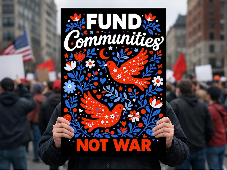 May include: A black sign with the words "FUND Communities NOT WAR" in white and red lettering. The sign features two red doves with floral and leaf designs in blue and white. The background shows a crowd of people.