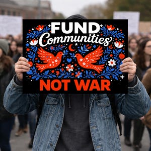 May include: A person holds a black sign with the words "FUND Communities NOT WAR" in white and red. The sign features two red doves with blue and white floral designs. The background shows a crowd of people.