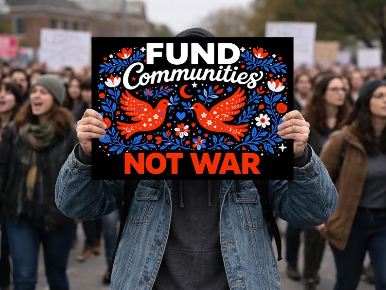 May include: A person holds a black sign with the words "FUND Communities NOT WAR" in white and red. The sign features two red doves with blue and white floral designs. The background shows a crowd of people.