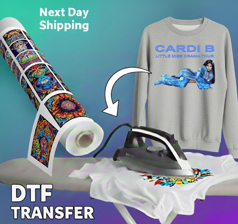 The image is an advertisement for a DTF (Digital Transfer) transfer service, featuring a gray sweatshirt with a design and a roll of DTF paper.