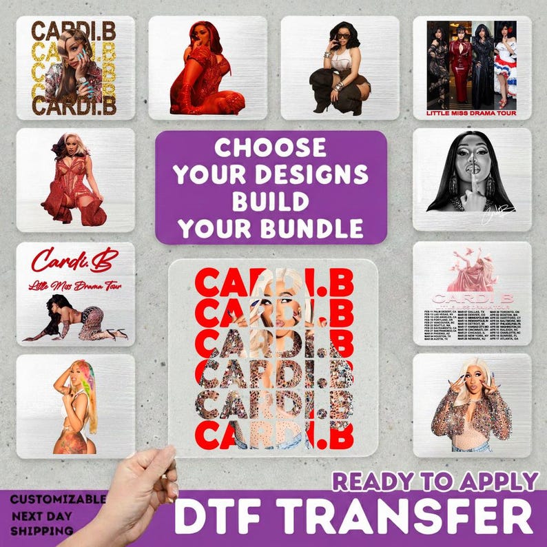 a collage of various images featuring Cardi B, including her appearance, outfits, and other related content. The collage includes images of Cardi B in different poses and settings, as well as images of her outfits and accessories. The collage is presented in a grid format, with each image arranged in a square. The image also includes text that reads "Choose your designs, build your bundle" and "Ready to apply DTF transfer".