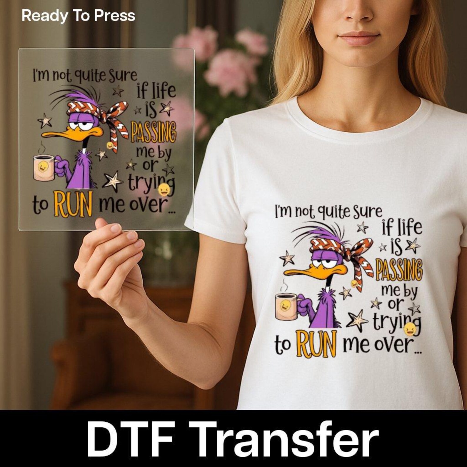 Funny DTF Transfer, Cartoon Bird Decal With Coffee - Life Passing or ...