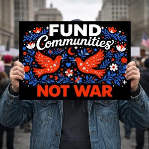 May include: A black sign with the words "FUND Communities NOT WAR" in white and red lettering. The sign features two red doves with floral and leaf designs. The background shows a crowd of people and buildings.