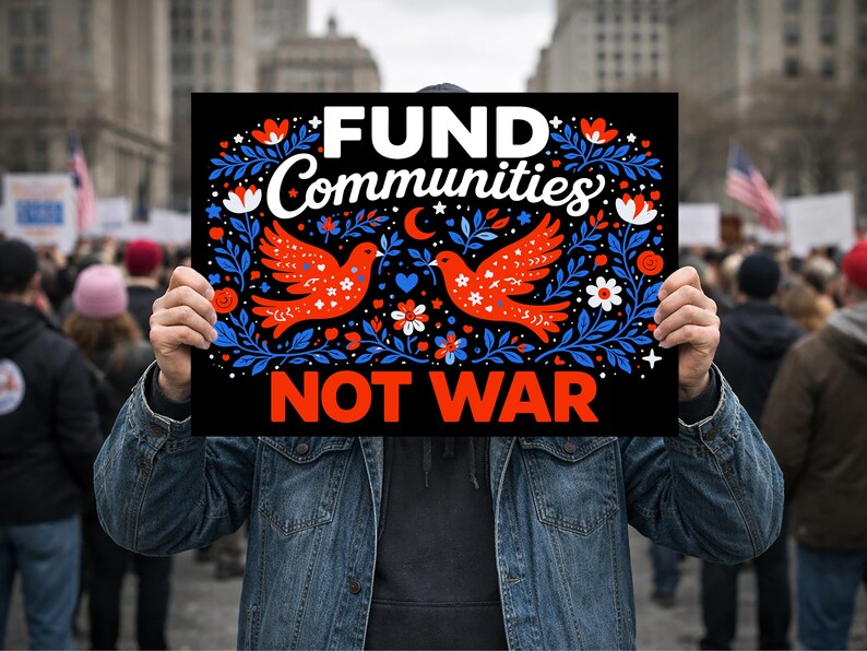 May include: A black sign with the words "FUND Communities NOT WAR" in white and red lettering. The sign features two red doves with floral and leaf designs. The background shows a crowd of people and buildings.