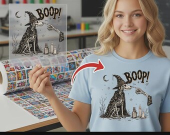 Witchy Skeleton Dog Boop DTF Transfer, Ready To Press Halloween Dog Design, Wiener Dog Skeleton Heat Transfer for T-Shirts & Hoodies