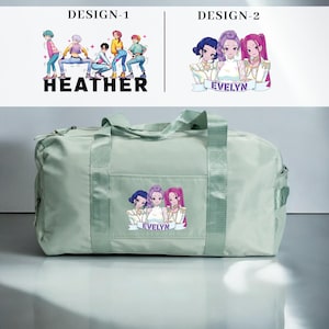 May include: A light green duffel bag with a top handle and a front pocket. The bag features a cartoon graphic of three anime-style girls with the name "EVELYN" on a banner. The top of the image shows two design options with text.
