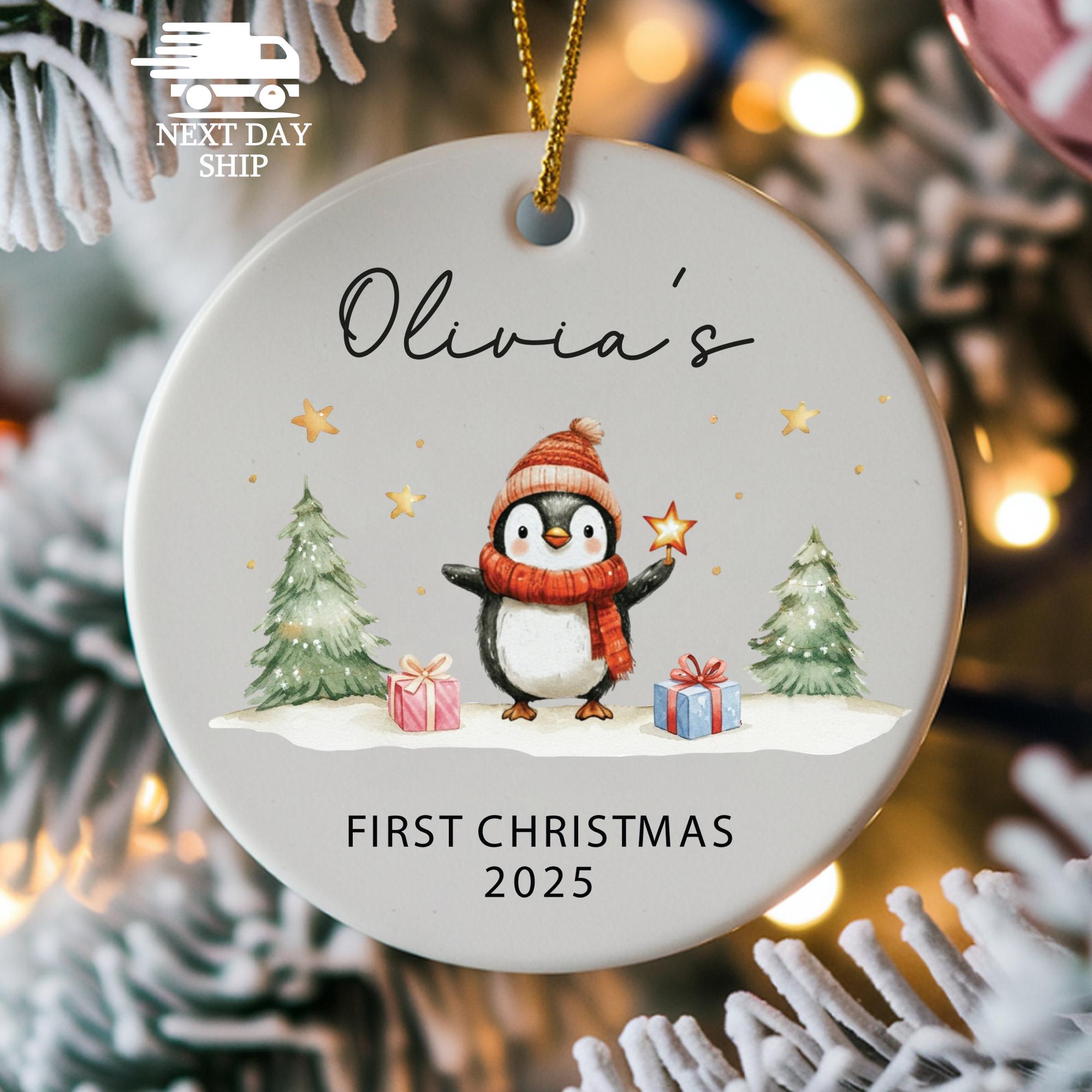 Personalized Baby's First Christmas Ornament • Penguin Winter Design