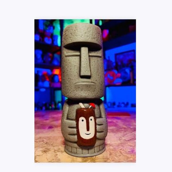 Divertimento fatto a mano TIPSY TIKI con Tiki Bob e Moai Grey Tiki Mug Cup 7,5" Rara nuova scatola con Swizzle Stick