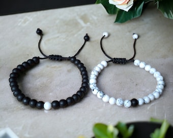 Couple bracelets Natural stone beads Howlite and Onyx Distance bracelet Matching bracelet Friendship bracelet