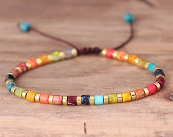 Multicolored Jasper rainbow jasper tile bracelet Boho Ethnic natural stone beads multi colours minimalist bracelet4×4mm adjustable bracelet