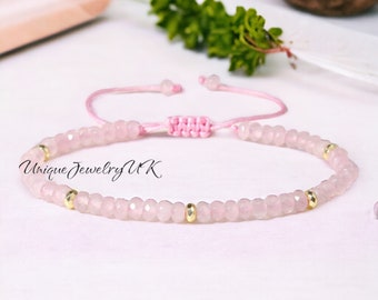 Pulsera de cuentas de cuarzo rosa de 4 mm, pulsera de piedras preciosas naturales minimalista ajustable, yoga tibetano, piedra del amor, regalo para ella, amistad