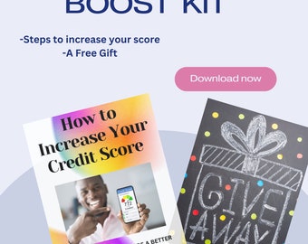 May include: A colorful ebook cover with the title "How to Increase Your Credit Score" and a smiling man holding a phone with a credit score of 772. The text "Make the step towards a better credit profile" is below the image. The ebook cover is next to a black chalkboard with the words "Give Away" written in white chalk.