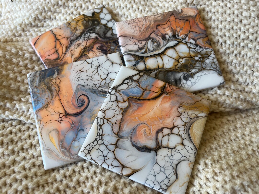 Coaster Set of 4, Versatile Fluid Art Handmade Wedding Gift, Elegant ...