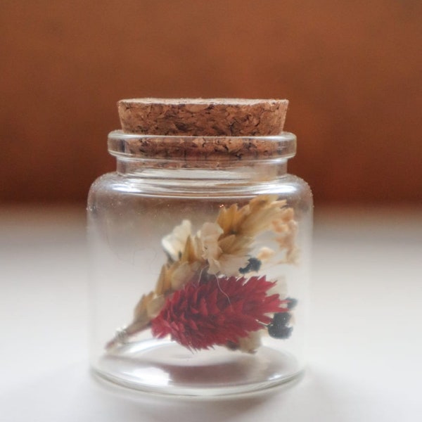 Fiole en verre et bouchon en liège " bouquet de fleurs séchées anti-gaspillage" rouge noir blanc décoration d'intérieur