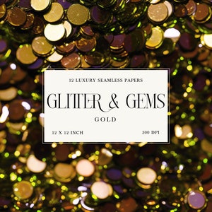 ゴールドグリッターと宝石のシームレスなデジタルペーパー、メタリックな輝きのテクスチャ、スパンコールの華やかな背景 - 即時ダウンロード