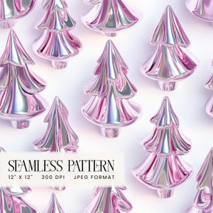 3D Cute Pink Chrome Christmas Trees Seamless Digital Paper, Pink Seamless Repeat Pattern, Festive Pink Holiday Backgrounds, Print on Demand