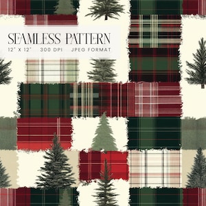 May include: A seamless pattern featuring a patchwork of red, green and white plaid fabric with a distressed, frayed edge. The pattern is repeated throughout the image, with small green pine trees scattered throughout.