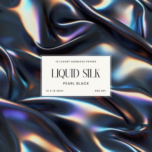 May include: A close-up of iridescent, pearlescent black fabric with a subtle shimmer. The fabric is arranged in soft folds and curves. The text "12 LUXURY SEAMLESS PAPERS LIQUID SILK PEARL BLACK 12 X 12 INCH 300 DPI" is printed on a white rectangle in the center of the image.