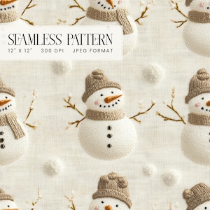 Lindos muñecos de nieve bordados sin costuras, papel digital, impresión en tela, patrón repetido de Navidad de invierno, diseño de sublimación de impresión sin costuras