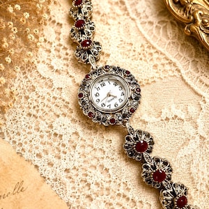 Vintage-Inspired Silver Tone Floral Bracelet Watch with Ruby Red Accents | Elegant 7” Women’s Jewelry Watch