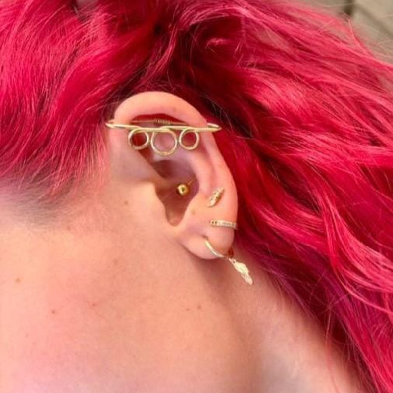 Threadless Bar Hoop Gold Fill Triple Loop Threadless Industrial Piercing / Pierced Ear Bar ...