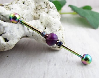 May include: A rainbow titanium barbell with a purple and blue gemstone bead. The barbell is a body piercing jewelry item.