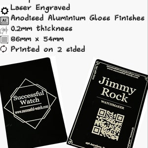 Individuell lasergraviertes Aluminium | Geschäft Name Karte mit QR-Code | Personalisierte professionelle Metall Visitenkarte schwarz