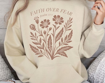 Tro över rädsla-hoodie, kristen hoodie, troströjor, gåvor för mental hälsa, kyrkotröjor, gudströja, kristen streetwear