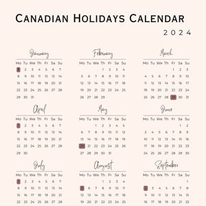 Beige 2024 Canadian Holidays Calendar Federal Holdiays for Office School -  Etsy