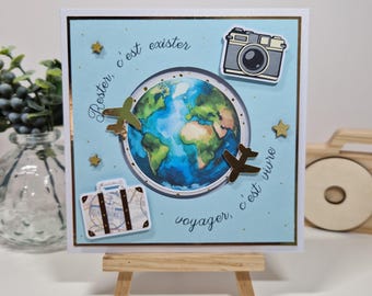 Carte de vœux voyage, carte tour du monde,carte interactive, carte départ en retraite, carte d'anniversaire voyage, personnalisé, fait main