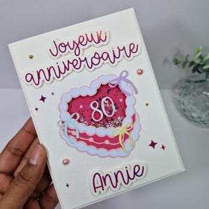 Carte shaker gâteau d'anniversaire, carte à secouer avec paillettes, carte part de gâteau joyeux anniversaire, personnalisée, fait main