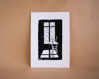 Original handmade linocut. Rainy night. Black ink on white paper. Home decor