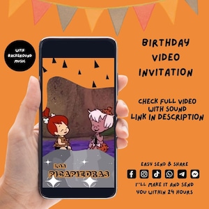 Puede incluir: La pantalla de un teléfono inteligente muestra una invitación de video para una fiesta de cumpleaños. El video presenta personajes de dibujos animados del programa "Los Picapiedra" con el texto "Los Picapiedras". La invitación incluye iconos de redes sociales y el texto "Mira el video completo con sonido, enlace en la descripción. Fácil de enviar y compartir. Lo haré y te lo enviaré dentro de las 24 horas."