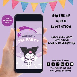 Puede incluir: La pantalla de un teléfono inteligente muestra una invitación a un video de cumpleaños con un personaje de dibujos animados. La invitación dice "Bienvenido a la fiesta" e incluye un enlace al video completo con sonido en la descripción. La invitación también incluye iconos de redes sociales para facilitar el intercambio.