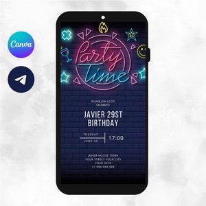 Puede incluir: Un letrero de neón con las palabras "Party Time" en rosa y azul sobre un fondo de ladrillo oscuro. El letrero está rodeado de estrellas, una cara sonriente y una copa de vino. El texto debajo del letrero dice "Por favor, únase a nosotros para celebrar el cumpleaños número 29 de Javier, martes 20 de junio, 17:00, Javier House 79394, Your Street Your City, Your 5678, +1 999-999-999".