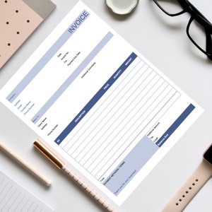 May include: A blue and white invoice template with sections for company information, billing address, invoice number, date, payment due date, description, price, quantity, amount, additional discount, tax, total, payment methods, terms, and balance due.