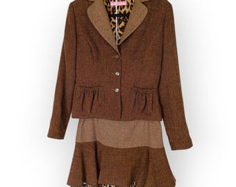 Vintage View Collection Suits Brown Herringbone Leopard Print Skirt Suit Set 8