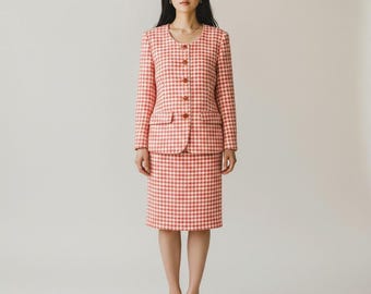 Christian Dior Vintage Coral Houndstooth Boucle Skirt Suit Set Womens 16 USA