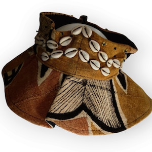 Handmade Cowrie Shell Mudcloth Print Wide Brim Visor Hat Brown Boho Tribal