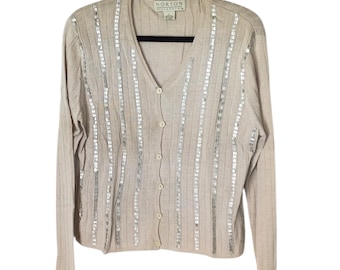 Norton McNaughton Beige 100% zijde geribbelde vest met lovertjes, groot