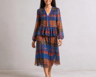 Gloria Vanderbilt Vintage 80s Metallic Plaid Peplum Top and Skirt Set Blue 14