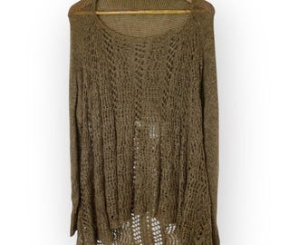 Olive Green Open Knit Crochet Sweater Scoop Neck High-Low Boho Pullover