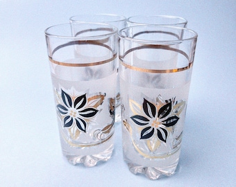 Vintage Frosted Gold Floral Glasses, Set of 4 | DeValbor Cerve Italy