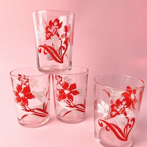 Vintage Midcentury Floral Juice Glasses, Set of 4 | Red + White