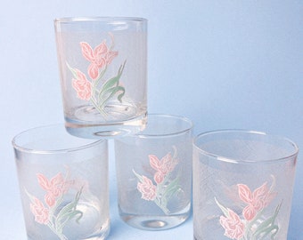 Vintage Pink Iris Glasses, Set of 4