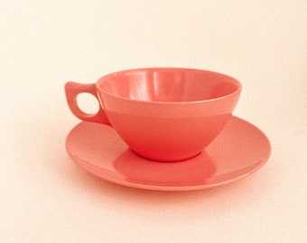 Vintage Melamine Coral Teacup with Saucer