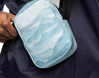 Utility Crossbody Bag, Watercolor Mountains Festival Bag, Nature Travel Sling, Small Everyday Purse, Minimalist Outdoor Adventure Bag