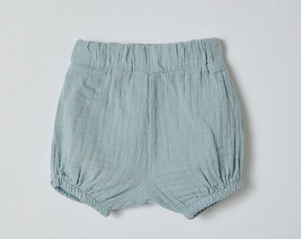 OrganicEra Bloomer Shorts made from organic muslin, aqua