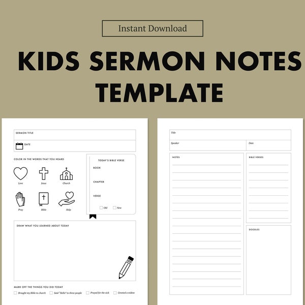 Kids Sermon Notes Template | Young kids, early writers, elementary school, preschool, tweens, boys, girls