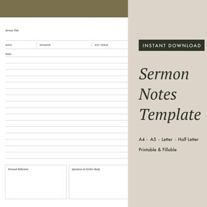 Printable Sermon Notes Template - A4, A5, US Letter, and Half Letter ...